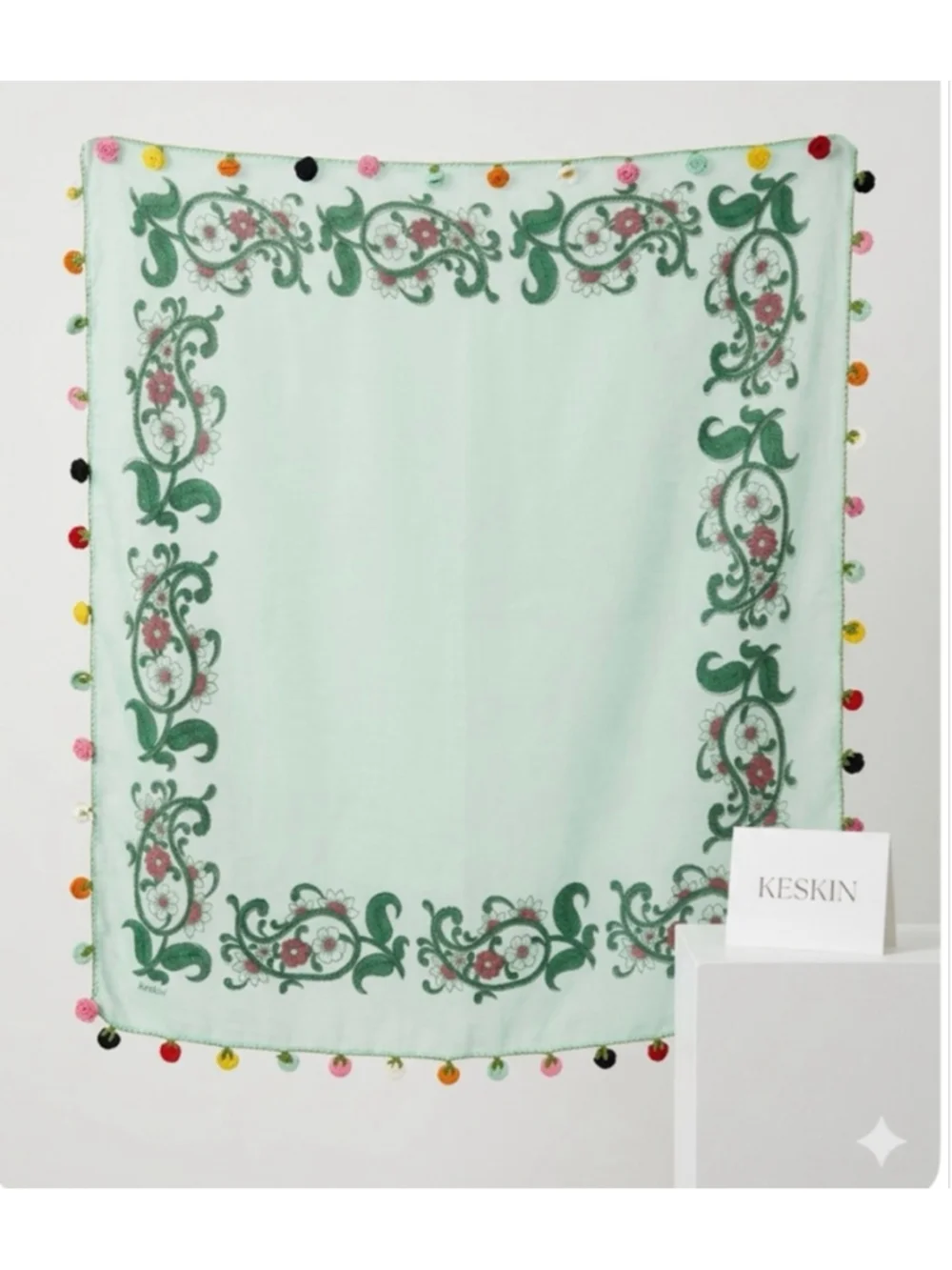 Keskin Light Green Floral Square Scarf with Flower Trim